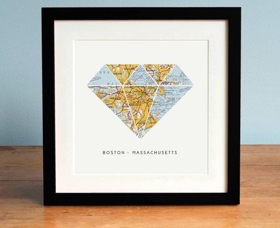 Boston Map Art, Diamond, Boston Art, Map of Boston Massachusetts, Diamond Map Art, Treasure - BOSTON CREATIVE COMPANY