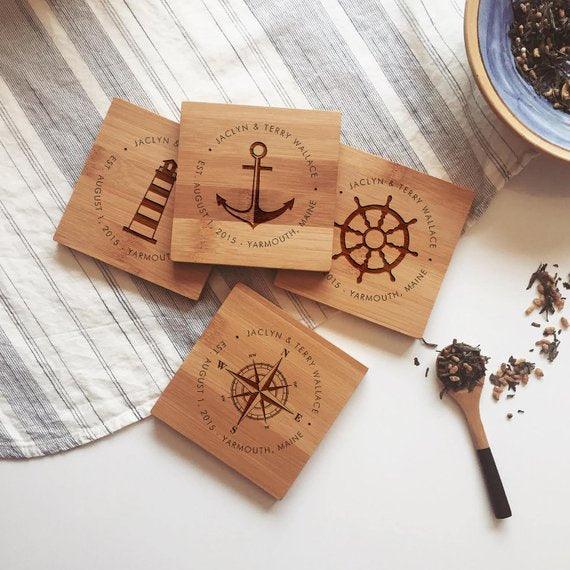 Nautical set wooden Personalized Coasters - BOSTON CREATIVE COMPANY