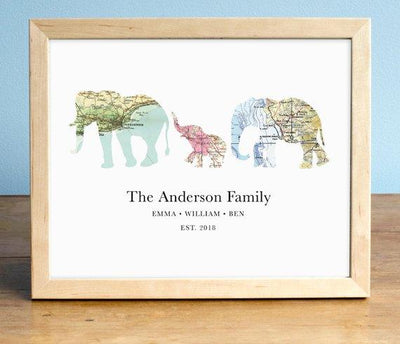 Elephant Map Print, Nursery Art, Baby Shower Gift, Wedding Gift, Moving Gift, Family Map Art, Family Art, Elephant Family - BOSTON CREATIVE COMPANY