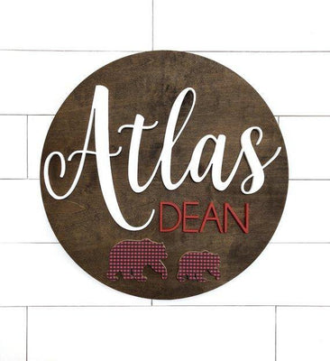 Bear Custom Name Sign | 24" Round Sign | Baby Name Sign - BOSTON CREATIVE COMPANY