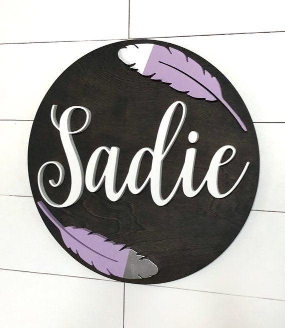 Feather Custom Name Sign | 18" Round Sign | Baby Name Sign - BOSTON CREATIVE COMPANY
