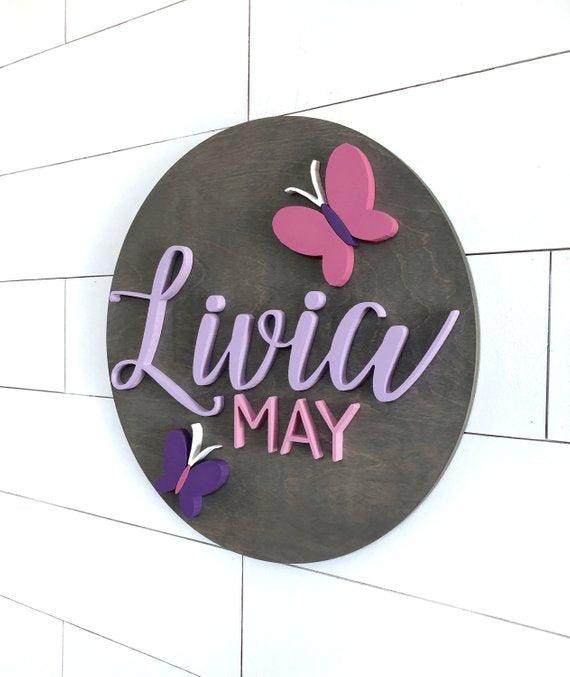 Butterfly Custom Name Sign | 24" | Round Sign | Child or Baby Name - BOSTON CREATIVE COMPANY