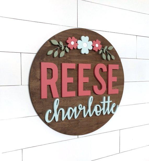 Custom Flower Name Sign | 24" | Round Sign | Child or Baby Name - BOSTON CREATIVE COMPANY