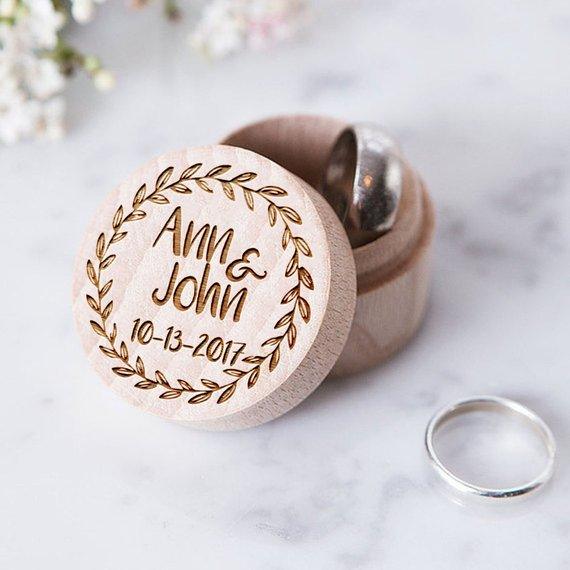 Custom Wedding Handmade Proposal Ring Box | Round Rustic Vintage Wooden Ring Holder | Engagement Personalized Engraved Gift Ring Box - BOSTON CREATIVE COMPANY