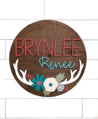 Antler Custom Name Sign | 24" Round Sign | Baby Name Sign | Nursery Room Decor - BOSTON CREATIVE COMPANY