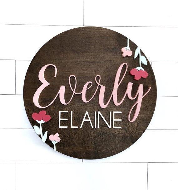 Floral Custom Name Sign | 24" Round Sign | Baby Name Sign | Nursery Room Decor - BOSTON CREATIVE COMPANY