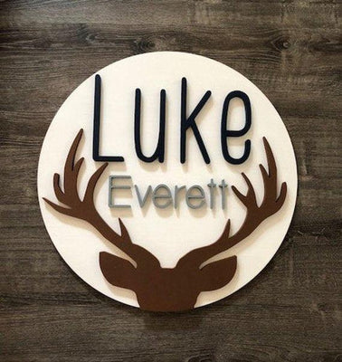 Custom Name Sign | Round | 24" Antler | Baby Name |  Boy Nursery Sign - BOSTON CREATIVE COMPANY