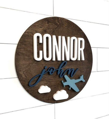 Plane Custom Name Sign | 24" Round Sign | Baby Name Sign | Nursery Room Decor - BOSTON CREATIVE COMPANY