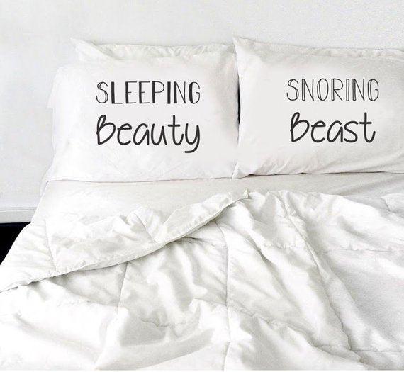 Sleeping Beauty & Snoring Beast Pillow Case Wedding Gift-Couple Gift Idea for Anniversary-Valentine's Day for Him Her - BOSTON CREATIVE COMPANY